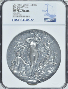 【記念貨幣】2023年カメルーン シルバー コイン「ヴィーナスの誕生」10000フラン 銀貨 NGC MS70 ANTIQUED 初回出荷★直径100ｍｍ 重1kg M55