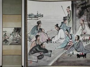 【瓏】「傅抱石作 十老図」近代画家 肉筆紙本 真作 掛け軸 書画立軸 巻き物 中国書画 蔵出