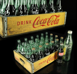 【縁】時代物 コカコーラ 空き瓶 中身有 1リットル瓶 まとめて２６本 木製ケース付き 山陽コーラ 当時物 レトロ E-627
