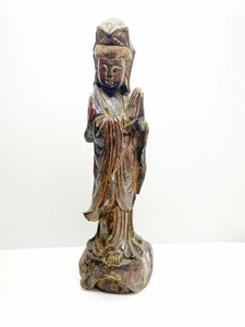 【豆緑】仏教美術/観音菩薩像・仏像立像/高さ43cm (棚）