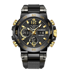 LIGE メンズ 腕時計 8622 高品質 クオーツ ミリタリー スポーツ デュアル ディスプレイ ウォッチ foxbox 防水 時計 ブラック × ゴールド