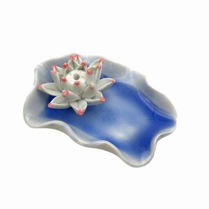 香炉 蓮の花 和風 陶器 波型プレート インテリア (青色)