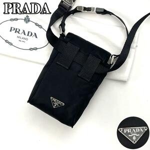 美品■PRADA プラダ ショルダーバッグ 2way スマホケース 三角ロゴプレート シルバー金具 白タグ テスートナイロン 黒 ブラック 男女兼用