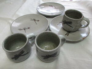 手作り感 コーヒーカップ＆ソーサー 3客セット 3組 とんぼ トンボ 焼物 和食器 和風 カップ小さ目 ミニカップ 味のあるカップ