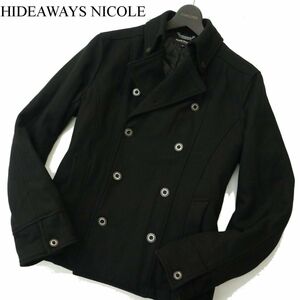 HIDEAWAYS NICOLE ハイダウェイ ニコル 秋冬 メルトン ウール★ 中綿 Pコート ダブル ジャケット Sz.48　メンズ 黒　A4T00134_1#N