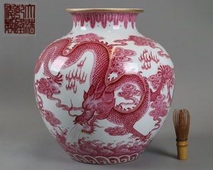 中国美術 大清乾隆年製 色絵五爪龍図花瓶 高34cm 飾壷 細密細工 古美術品[c475]