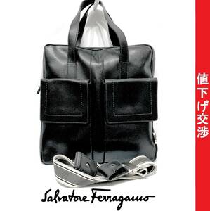 [正規]フェラガモFerragamo 型押レザー スクエアトートバッグ軽量 黒a