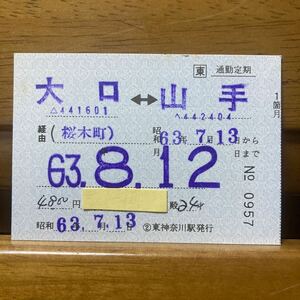 □東／J R東日本　大口-山手 桜木町経由　通勤定期券1箇月　東神奈川駅　昭和63年発行