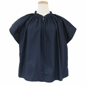 MACPHEE マカフィー ブラウス シャツ ネイビー 紺 サイズ:36(9号) フレンチスリーブ バンドカラー ギャザー ブロード コットン 綿 日本製