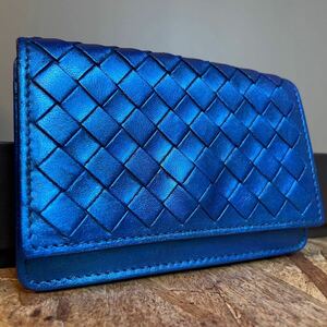 1円　美品 ボッテガヴェネタ イントレチャート BOTTEGA VENETA 財布 男女 小銭入れ 新型 ラムレザー カードケース 名刺　パールブルー