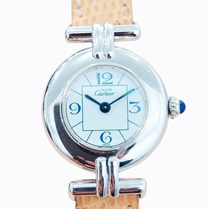 カルティエ Cartier 2411 マストコリゼ 腕時計 クオーツ 白文字盤 ラウンド 稼働品 SV925 シルバーカラー 0125 レディース