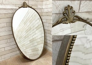 真鍮 アンティーク ミラー 壁掛けミラー ウォールミラー オーバル 鏡 インテリア 壁飾り ビンテージ バロック風 ゴールドフレーム