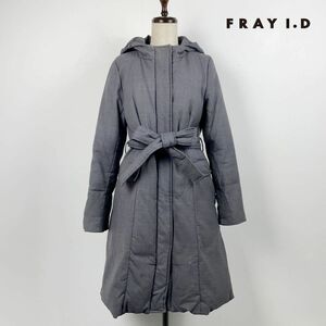 FRAY I.D フレイ アイディー ダウンコート ロング丈 ダウンフェザー フード付き ウール ウエストリボン レディース グレー サイズ1*TB1114