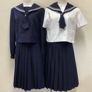 I171/Y(中古)山形 山形市立 第十中学校 女子制服7点 /指定品/165A/W66/セーラー/スカート/タイ/親子白2本ライン/TOMBOW/紺/冬/夏服/合服