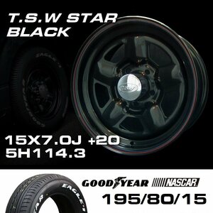 TSW STAR ブラック 15X7J+20 5穴114.3 ナスカー195/80R15 ホイールタイヤ4本セット　