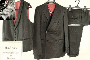 新同　ポールスミス　Paul Smith　現行　WOVEN IN ENGLAND　スリーピース　ベスト　ダブル　スーツ　セットアップ　ブラック　ドット　M〜S