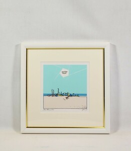 真作 馬場利貞 シルクスクリーン「Beach」画寸 16×16cm 福岡県出身 仁科展で活躍 ポップで簡素化された線と色彩で楽しいビーチを表現 7392