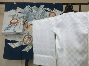 1円 良品 正絹 子供着物 男児用 産着 和装 襦袢セット 七五三 青 鷹 紋尽くし カッコいい 袷 身丈97cm【夢職】★★★