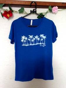 新品■男女兼用◆ハワイアン ヤシの木 ラウンドネック Tシャツ ブルー◆Mサイズ