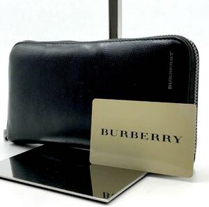 美品/近代モデル●バーバリー BURBERRY 長財布 ラウンドファスナー ウォレット 内側チェック レザー ブラック メンズ レディース ビジネス