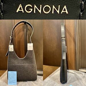 【新品・定価約22万円】AGNONA（アニオナ）牛革切替ウールショルダーバッグ レディース メンズ ユニセックス 男女兼用 グレー 冬物 鞄