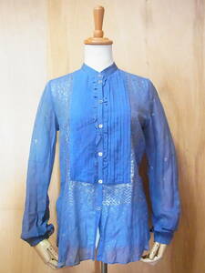 綺麗 正規品 クロエ Chloe フランス製 ラメデザイン ブリムデザイン スタンドカラー 長袖 シャツ ブラウス 青 サイズ38