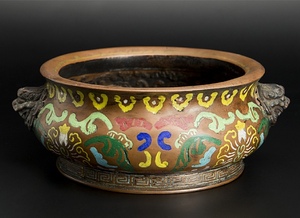 清 銅嵌彩獅爐 大明宣徳年製款 中国 古美術