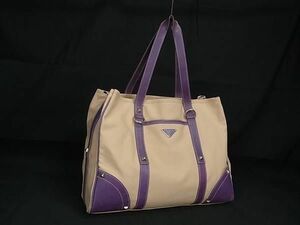 1円 PRADA プラダ キャンバス×レザー ハンドバッグ トート ショルダー 肩掛け レディース メンズ ベージュ系×パープル系 BJ2834