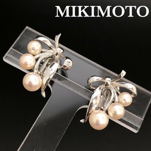 美品 MIKIMOTO ミキモト パール イヤリング シルバー S刻印 本真珠 M刻印 リボンモチーフ 6～4mm玉/5.4ｇ JAL購入品 正規品 最落無