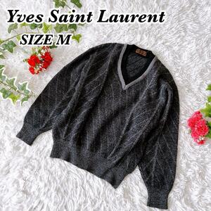 送料無料　希少　ヴィンテージ　Yves Saint Laurent 　イヴ・サンローラン　Vネック　ウール　ニット　フクスケ　福助　グレー　M