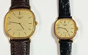 稼働品 ロンジン腕時計ペア ゴールド文字盤 新品電池 LONGINES