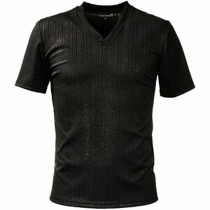 173313-bkgo BLACK VARIA ラメ×ランダムテレコ メンズ Vネック半袖Tシャツ (ブラック黒ゴールド金) XL ステージ衣装 バンド カットソー