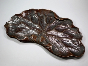 ◇時代 木彫 蓮葉形 煎茶盆 銘木 幅35.5cm 彫刻 香盆 唐物 煎茶道具