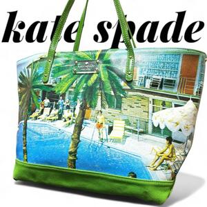 【美品】kate spade トートバッグ 大容量 派手 ヤシの木 グリーン