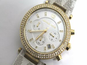 中古 MICHAEL KORS レディース 腕時計 ラインストーン MK-6916 クロノグラフ 3針 デイト SS クォーツ ホワイト ゴールド系 マイケルコース