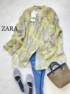 ZARA ザラ★タグ付き未使用★大人爽やか★ラミー100% タイダイ風 シャツ ブラウス トップス オリエンタル ★イエロー系 Mサイズ yz0427