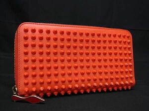 1円■極美品■ Christian Louboutin ルブタン パネトーネ スパイクスタッズ レザー ラウンドファスナー 長財布 ウォレット レッド系 FA3824