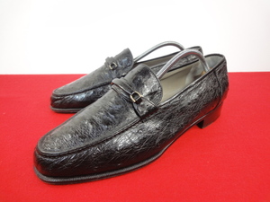 【GABRIEL】本物 靴 25cm 黒 総オーストリッチ ビットローファー スリッポン ビジネスシューズ フルポイント 駝鳥 高級素材 男性用 メンズ