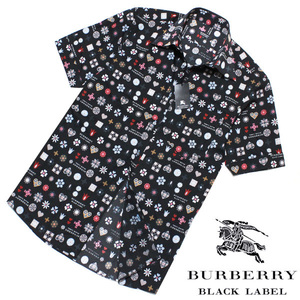 【激レア！モノグラム 】新品！2(M) バーバリーブラックレーベル 日本製 メンズ 半袖シャツ 黒■BURBERRY BLACK LABELドレスシャツ