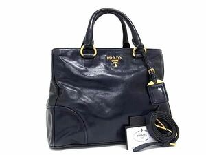 1円 ■美品■ PRADA プラダ BN2533 レザー 2WAY トートバッグ ショルダーバッグ ハンドバッグ 肩掛けかばん レディース ネイビー系 AY1695