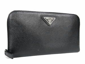 1円 ■極美品■ PRADA プラダ サフィアーノレザー ラウンドファスナー 長財布 ウォレット レディース メンズ ブラック系 AZ1309