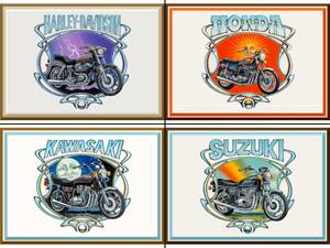 ☆David Mann デイヴィッド・マン 70年代バイクアートポスター4枚セット『HD FXS 1200/Honda CB750/Kawasaki Z1000 LTD/Suzuki GS750』 