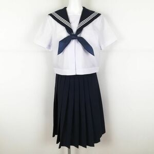 1円 セーラー服 スカート スカーフ 上下3点セット 大きいサイズ 夏物 白3本線 女子 学生服 中学 高校 白 制服 中古 ランクB EY7384