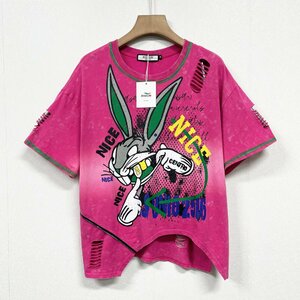 個性ヨーロッパ製※定価2万◆ブルガリア発※RISELIN 半袖Tシャツ 人気 薄手 兎柄 ダメージ加工 レトロ感 ストリート トップス 春夏 L/48