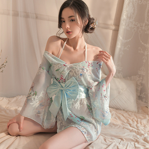 OR1116BL 着物風　花柄刺繍付き　サラサラ　セクシーベビードール「和服・Tバック・帯４点セット」可愛いナイトウェア　コスプレ衣装