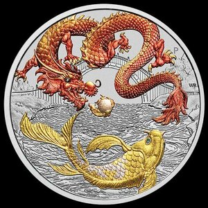 [保証書・カプセル付き] 2023年 (新品) オーストラリア「レッドドラゴン・龍と鯉」純銀 1オンス カラー 銀貨