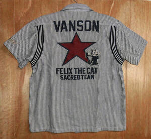 ◆美品 VANSON × FELIX THE CAT バンソン フィリックス ウォバッシュストライプ 刺繍 ワークシャツ Lサイズ