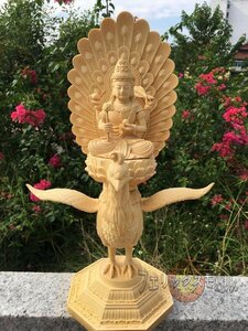 美品★極上の木彫 仏教美術 精密彫刻 仏像 手彫り 極上品 孔雀明王座像 高さ38cm