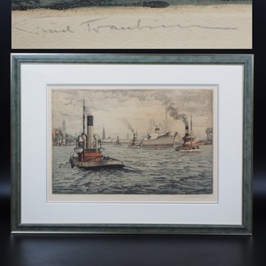 【金富士】値下げ中　19世紀末～20世紀初 銅板画　蒸気船の港風景　直筆サイン