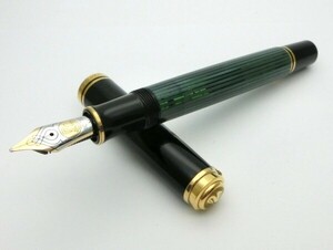 1000円スタート 万年筆 PELIKAN ペリカン SOUVERAN スーベレーン ペン先18K-750 M 緑縞 グリーンストライプ×ゴールド ネーム刻印有 3 Z706